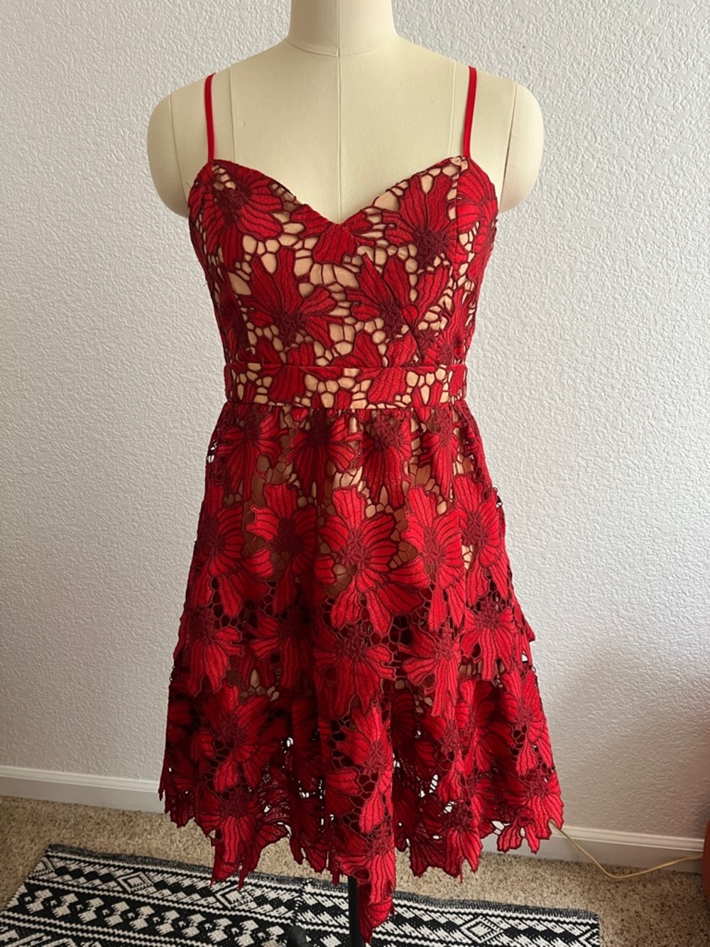 Red Floral Lace A-Line Dress
